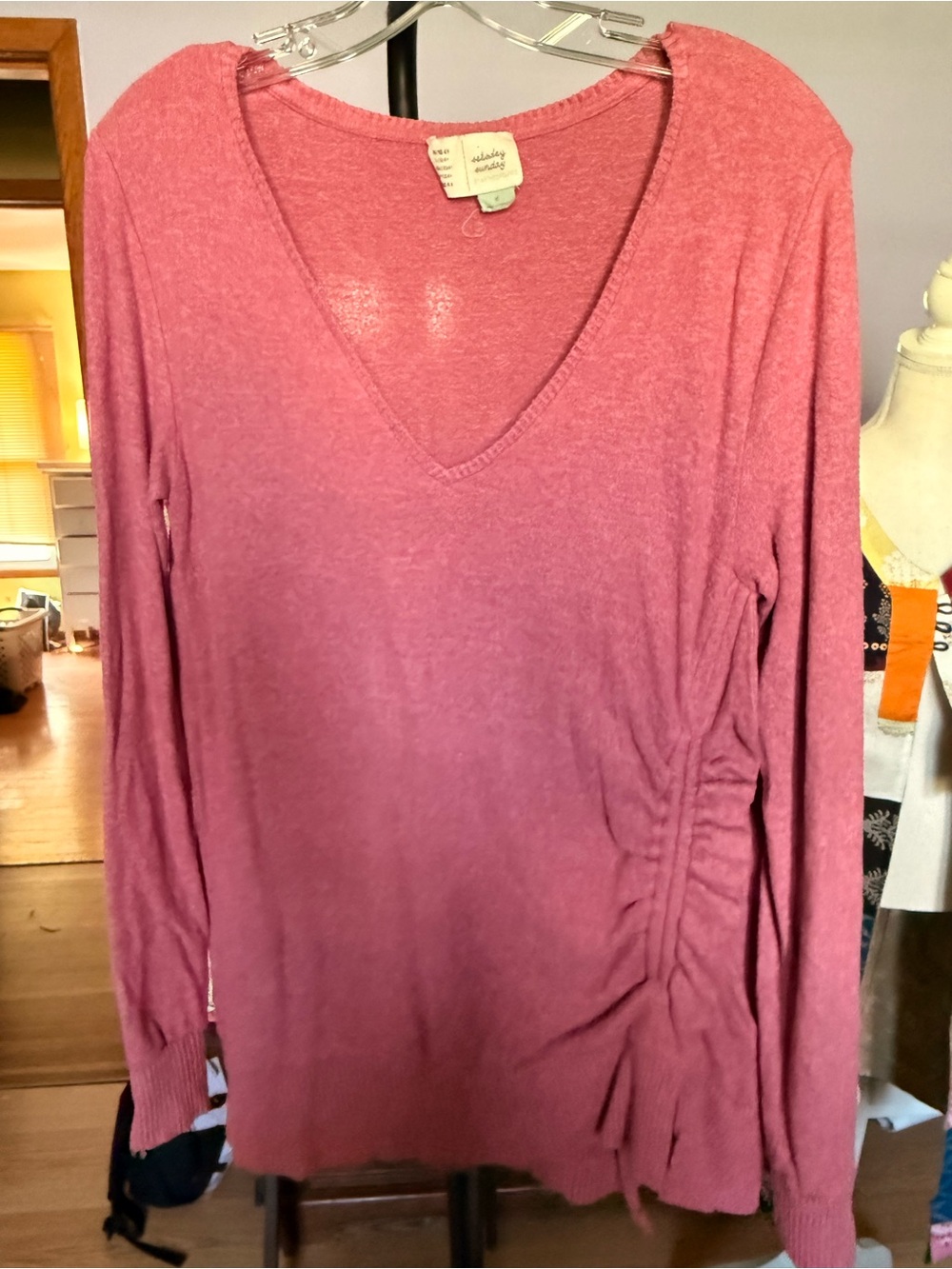 V-Neck Long Sleeve Top in Dusty Rose with Side Ruching